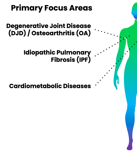 Primary focus areas include Degenerative Joint Disease (DJD) / Osteoarthritis (OA), Idiopathic Pulmonary Fibrosis (IPF), and Cardiometabolic Diseases